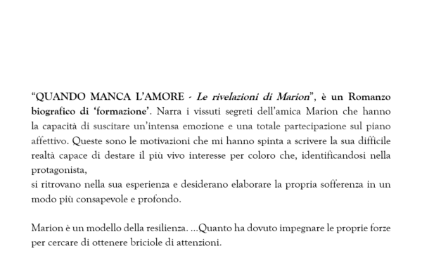 “Quando l’amore manca – Le rivelazioni di Marion”, il romanzo sulla resilienza di Federica Maria Onganìa